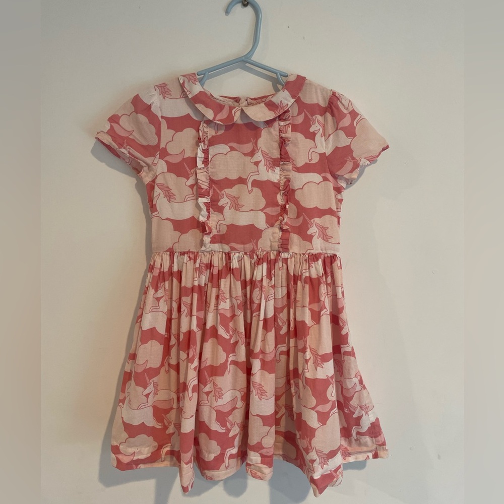 Mini Boden pink unicorn girls ruffle short sleeved party dress size 6-7 cotton
